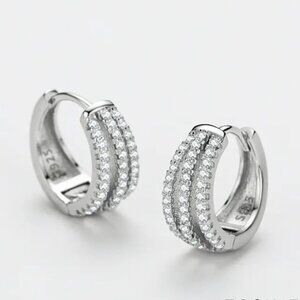 Zircon Triple Loop Silver Huggie Earrings. 925 Sterling Silver. #1116